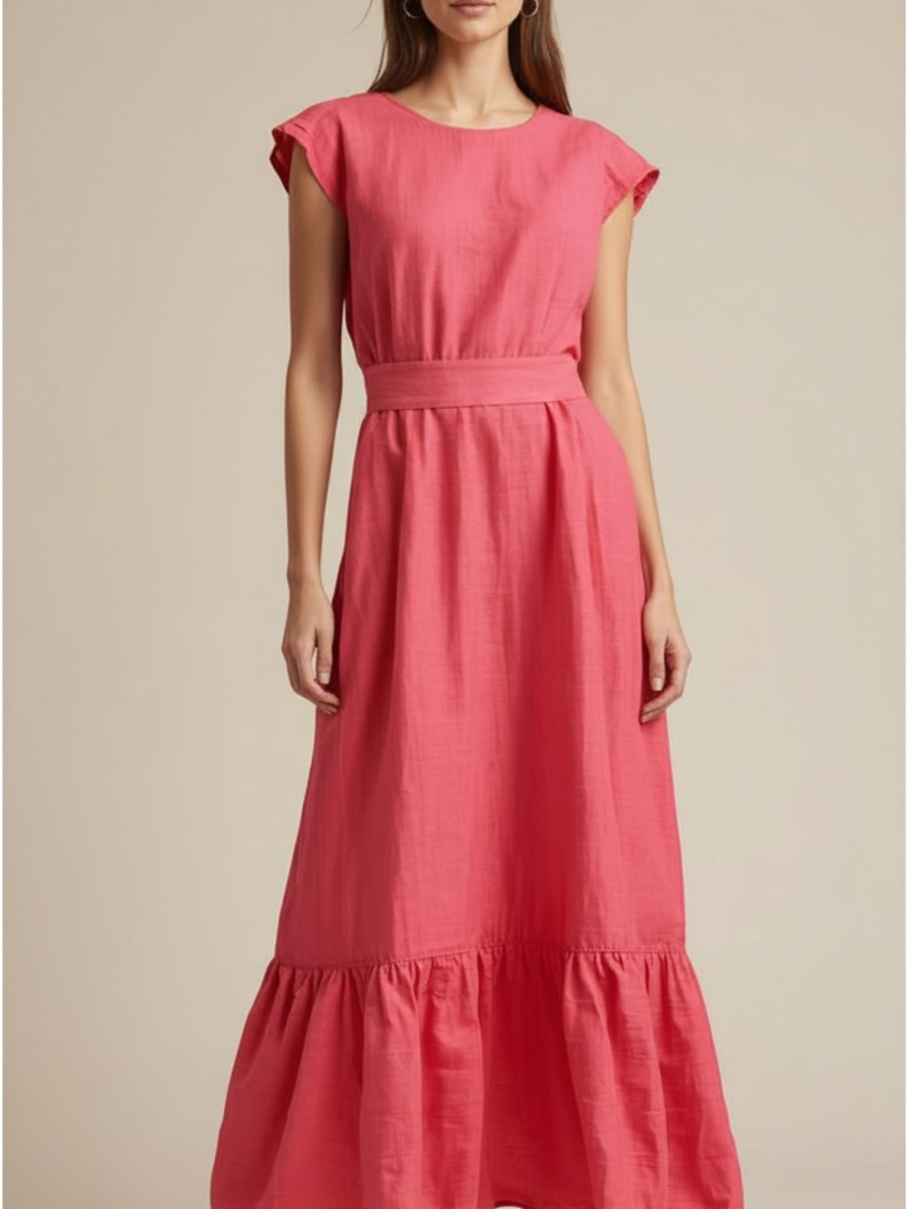 Coral Pink Ruffle Sleeve Midi Dress